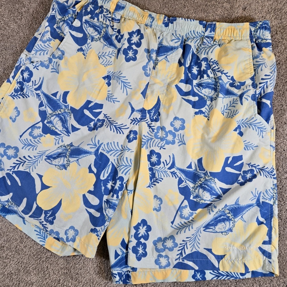 Columbia PFG‎ Mens Lined Trunks Large Blue Hawaiin Cargo Swim Trunks Omni-Shade